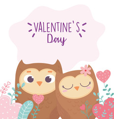 Obraz na płótnie Canvas happy valentines day, cute couple owls hearts love foliage