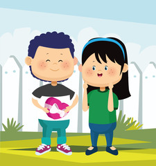cartoon cute happy girl and boy with chocolate box, colorful design