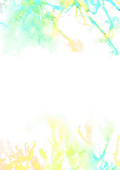 Blue and yellow watercolor technique top and bottom background  color both side wallpaper background in coral form. Illustration painted straw blow technique texture. Use for backdrop.