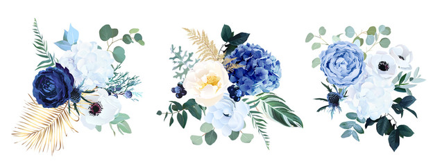 Classic blue, white rose, white hydrangea, ranunculus, anemone, thistle flowers, greenery and eucalyptus