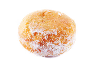 One doughnut on a white background, isolated, Bakery product. Side view.