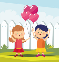 cute and happy girls with heart balloons