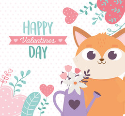 happy valentines day, cute fox watering can flowers plants hearts love
