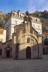 Fototapeta na wymiar Religious architecture. Montenegro, Old Town of Kotor, UNESCO-World Heritage Site. Church of St Luke on sunny winter day