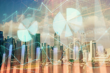 Forex chart on cityscape with skyscrapers wallpaper multi exposure. Financial research concept.