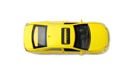 Yellow taxi car model on white background, top view