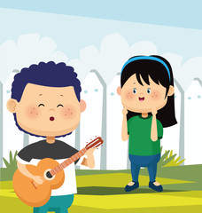 cartoon happy girl and boy playing guitar and singing, colorful design