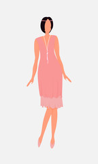 Cute dark-haired girl in the style of 1920s. Girl with a bob hairstyle. It stands in full growth in a pink dress. Vector. Flat cartoon style. Isolated on white background