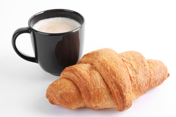 Tasty fresh croissant and coffee on white background