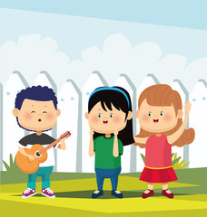 Cartoon cute boy playing guitar and singing to happy girls, colorful design