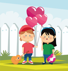 Obraz na płótnie Canvas cartoon boy with hearts balloon and guitar and cute girl in love, colorful design