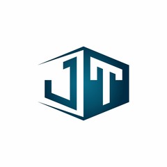 JT monogram logo with hexagon shape and negative space style ribbon design template