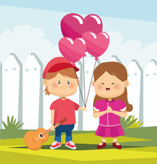 Obraz na płótnie Canvas cartoon boy in love holding a guitar and giving to his girlfriend heart balloons