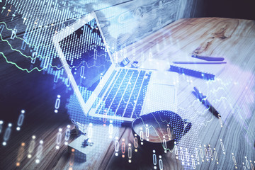 Multi exposure of forex chart and work space with computer. Concept of international online trading.