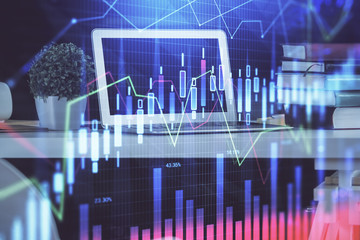 Forex market chart hologram and personal computer background. Double exposure. Concept of investment.