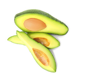 Tasty ripe avocados on white background, top view. Tropical fruit