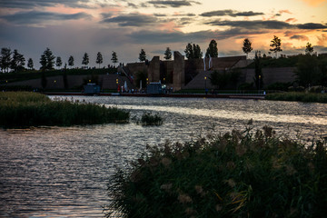 sunset at neckar side river beach