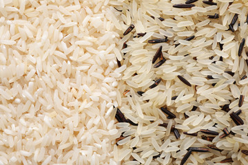Brown and polished rice as background, top view