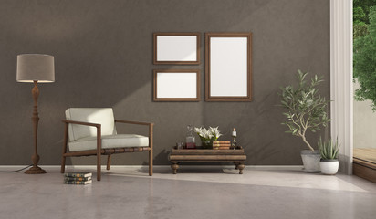Brown minimalist living room with vintage furniture