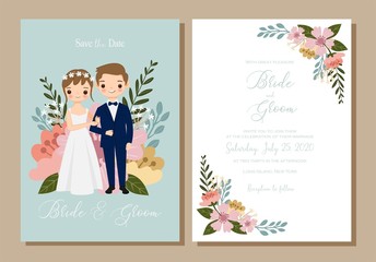 Fototapeta premium Save the date,cute couple cartoon with flower invitation card set
