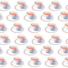 Cups seamless pattern, white cups, watercolor seamless pattern, tea time, cup of coffee