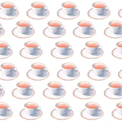 Papier Peint photo autocollant Thé Modèle sans couture de tasses, tasses blanches, modèle sans couture d& 39 aquarelle, heure du thé, tasse de café
