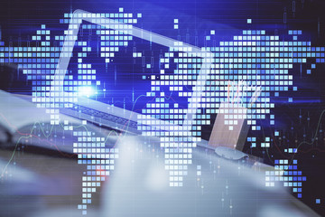 Multi exposure of business theme icons and work space with computer background. Concept of success.