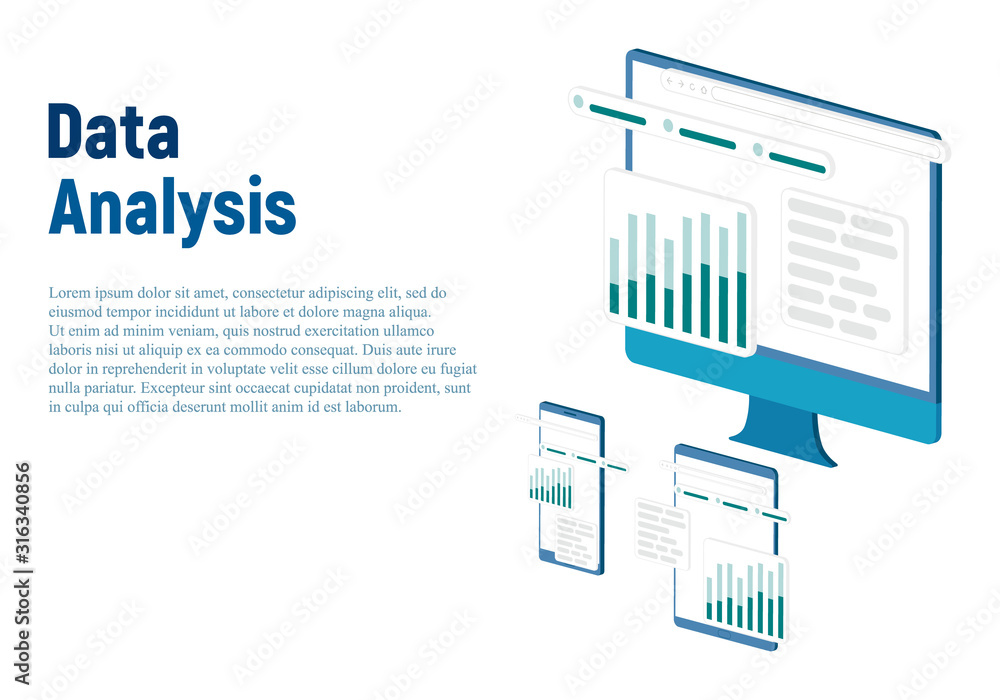Poster modern flat design isometric concept of data analysis for website and mobile website. landing page t