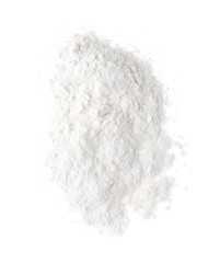 Fototapeta na wymiar Pile of organic flour isolated on white, top view