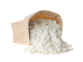 Overturned paper bag with flour isolated on white