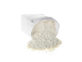 Overturned paper bag with flour isolated on white