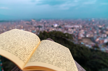 A journal notebook placed outdoors in open. selective focus.