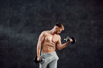 Obraz na płótnie Canvas Handsome muscular caucasian blond shirtless man lifting dumbbells while standing in front of dark background.