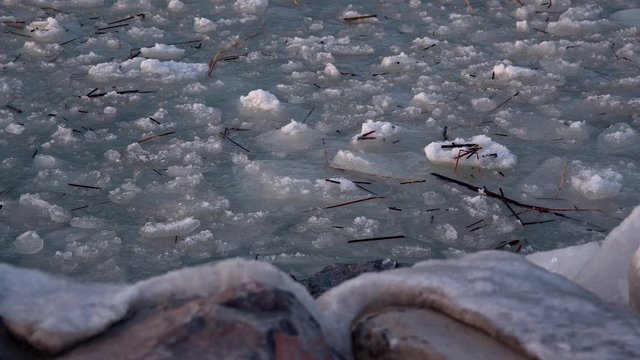 Ice floating in lake next to shoreline in winter moving in wave with debris.