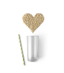 Creative composition with glass, straw and oatmeal isolated on white background