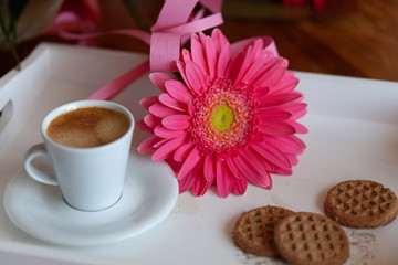 breakfast with coffee and flower boards