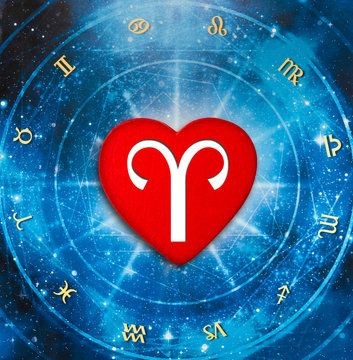 Romantic Red Heart With Zodiac Symbol Aries Over Blue Horoscope Like Astrology And Love And Relationship Concept 