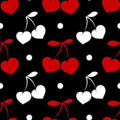 seamless pattern with heart-shaped berry on a black background. Pattern for fabric, textile, wrapping paper, wallpaper, background for a wedding, invitation card. vector illustration