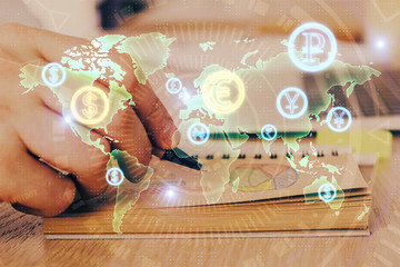 Multi exposure closeup hands with stock market forex graph.