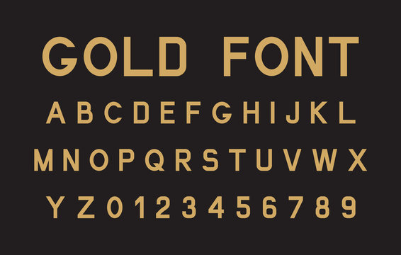 Vector set gold flat font. Alphabet and numbers.