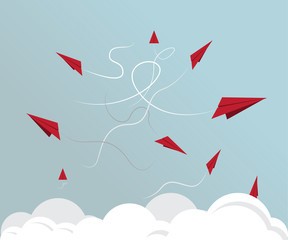 Paper airplanes flying from clouds on blue sky. Paper art style of business teamwork creative concept idea. Vector illustration