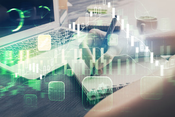 Forex chart displayed on woman's hand taking notes background. Concept of research. Multi exposure