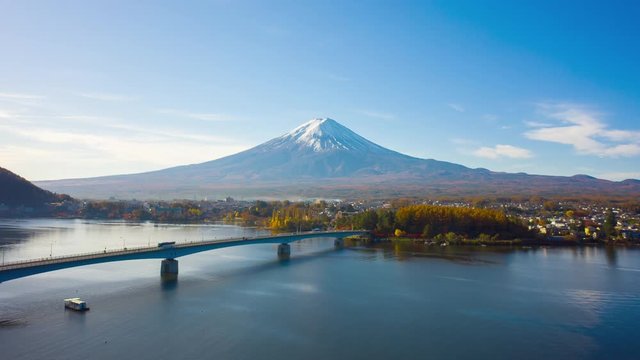 Aerial view Hyper lapse 4k Video of Mount Fuji on morning at Kawaguchiko Lake, Yamanashi, Japan. mt. fujisan hyperlapse by drone.