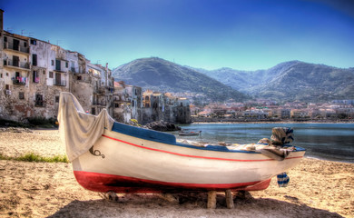 Boat on the Beach of Cefalu on Sicily, Italy