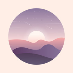 Vector flat sunrise mountain landscape illustration. Included the icons as sun, mountain, star, meteor, shooting star and more. suitable for website and print media. flat line icons.