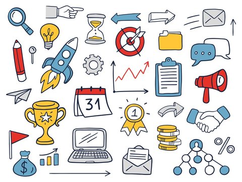 Colorful business icons in doodle style. Cute Vector Illustration can be used in education, bank, finance, marketing and other business areas.