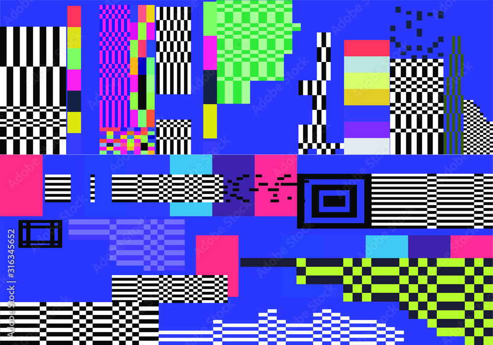 Poster Mosaic of random colorful pixels like in 8-bit video game with glitch art effect. Vaporwave and retrowave style abstract geometric background.