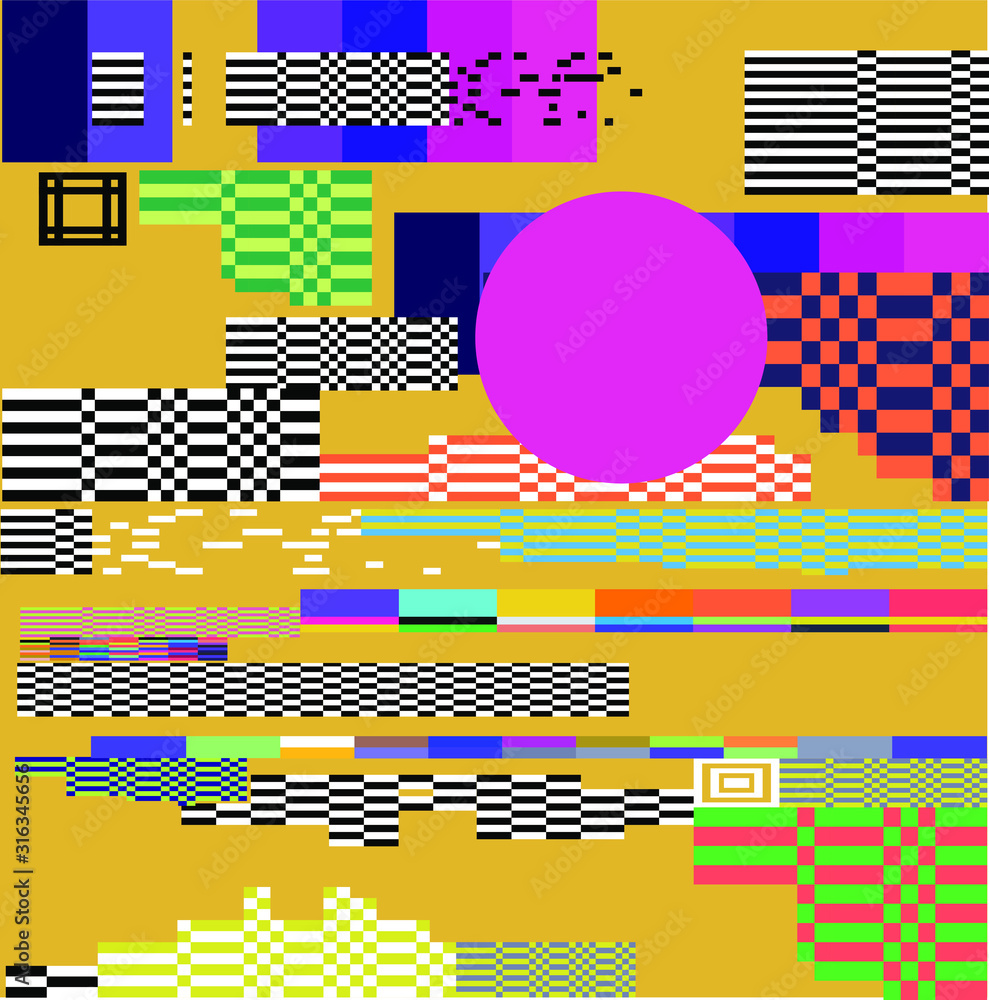 Aufkleber Mosaic of random colorful pixels like in 8-bit video game with glitch art effect. Vaporwave and retrowave style abstract geometric background.