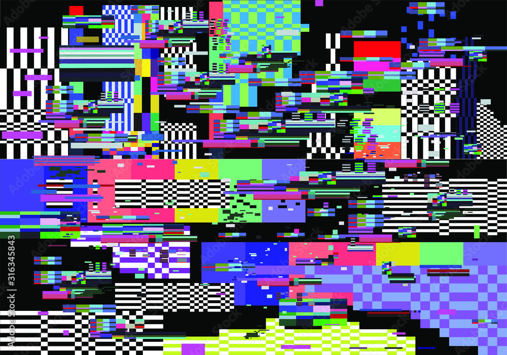 Poster Mosaic of random colorful pixels like in 8-bit video game with glitch art effect. Vaporwave and retrowave style abstract geometric background.