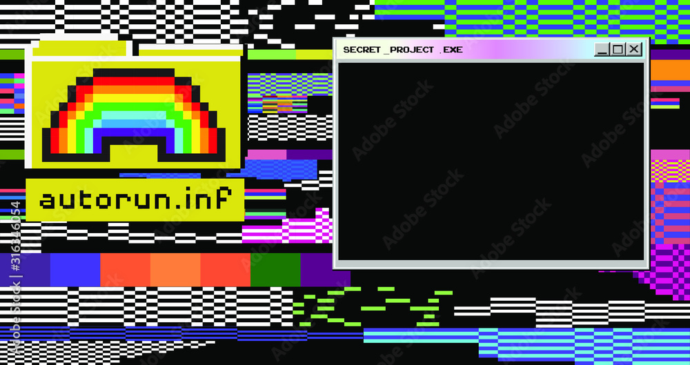Poster abstract webpunk and vaporwave style background with pixeleted glitched screen and file icons. conce